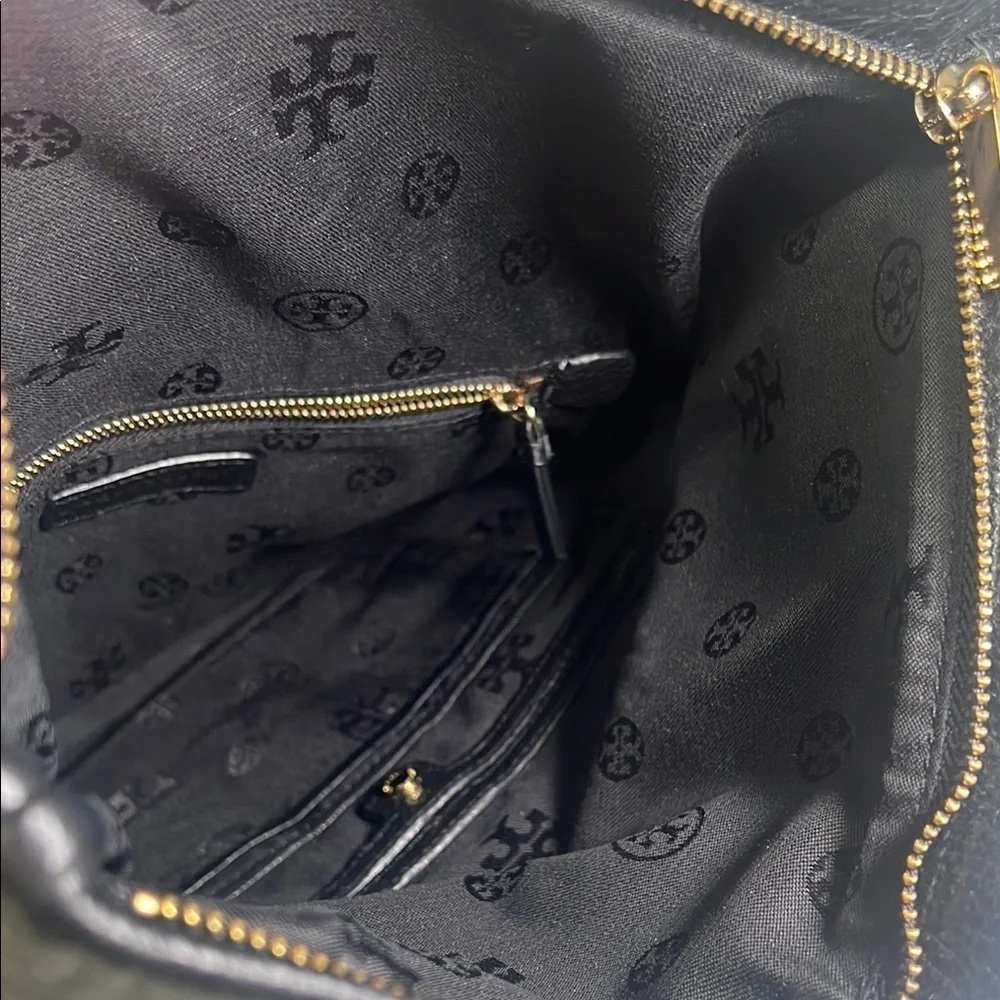 Tory Burch Bombe Fold-Over Crossbody/Clutch Black Pebbled Leather Bag